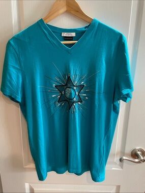 Versace Collection Turquoise V-Neck Tee with Sunburst Embellishment